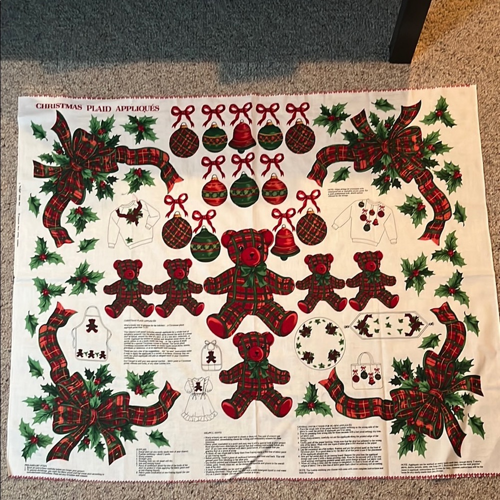Christmas Plaid Appliqués Fabric Panel VIP Vintage Cotton Bears Ribbons Holly